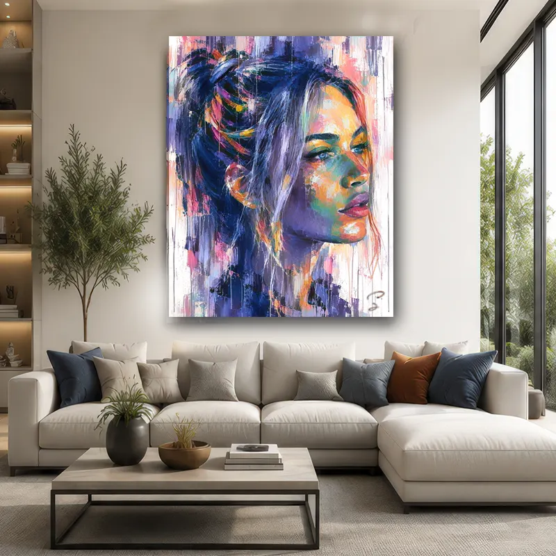 tableau-portrait-femme-contemporain-colore-salon-design