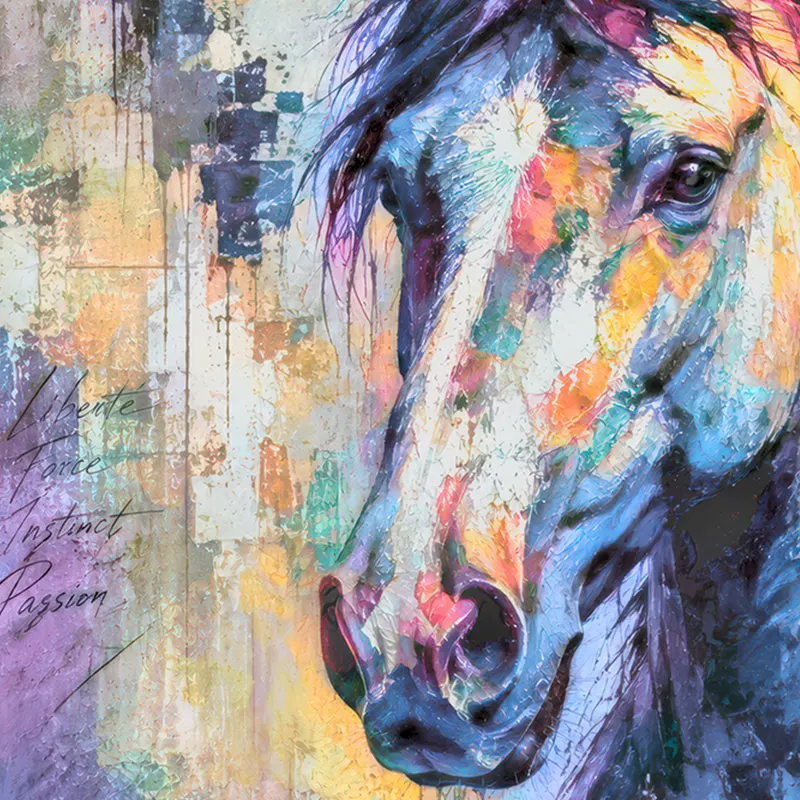 Gros plan du Tableau cheval Pop Art contemporain Liberté aux couleurs vibrantes