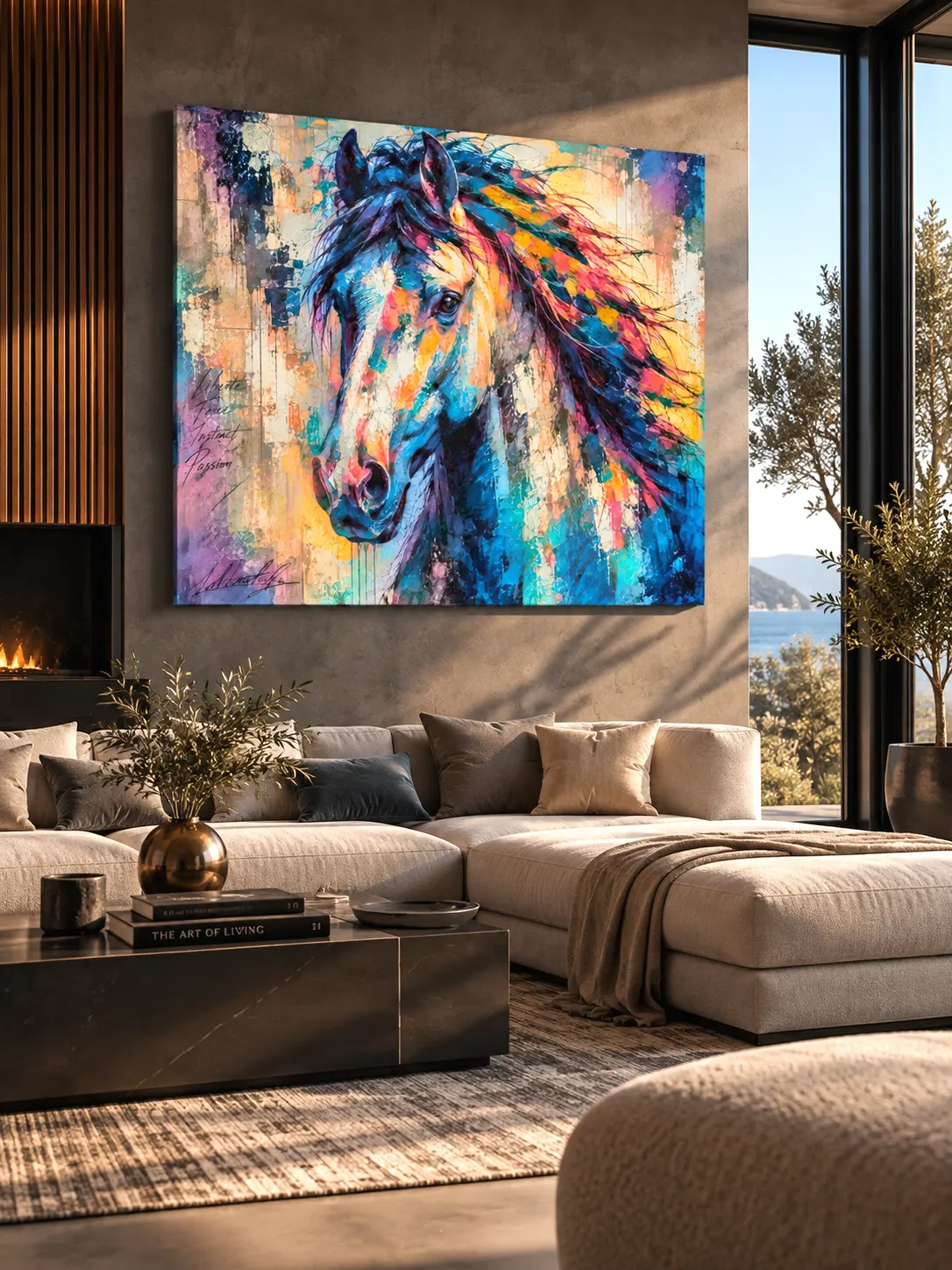 Tableau cheval coloré Liberté dans salon contemporain