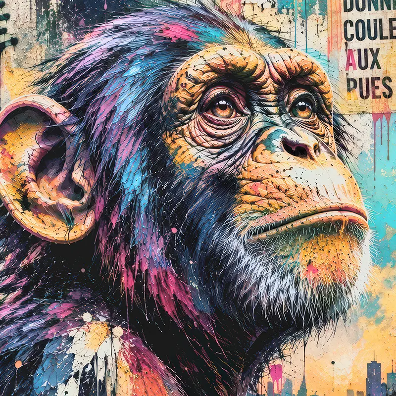 Gros plan du tableau Urban Soul montrant le regard du chimpanzé et les textures Street Art