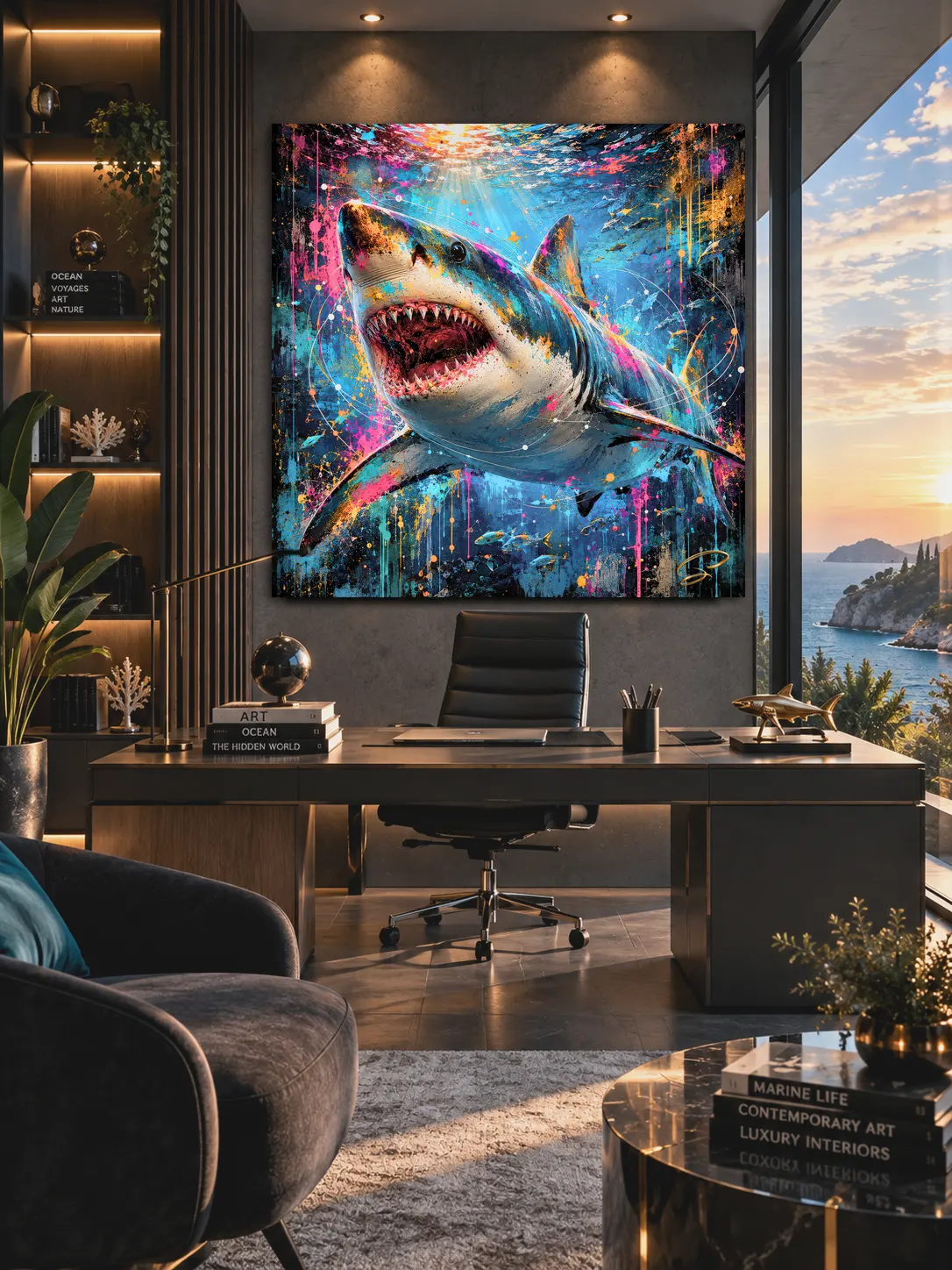 Tableau requin Pop Art Fearless dans bureau