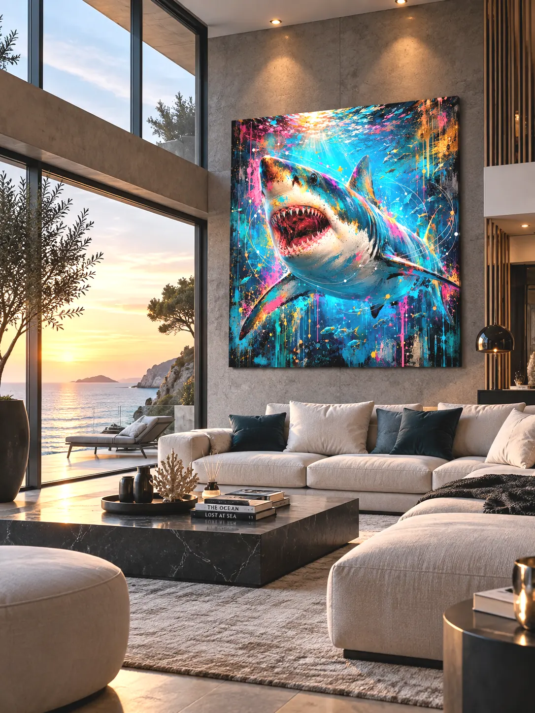Tableau requin Pop Art Fearless dans salon contemporain