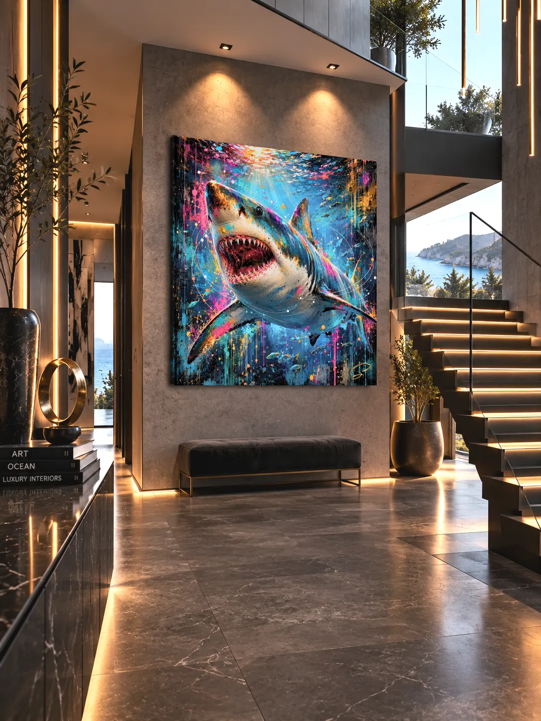 Tableau requin Pop Art Fearless dans salon contemporain escalier