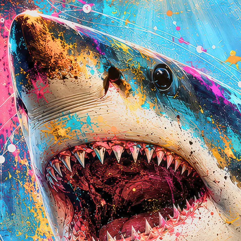 Gros plan du tableau pop art requin turquoise et rose