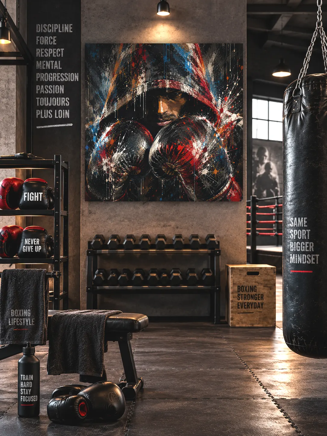 Tableau boxe Shadow Fight dans une salle de sport contemporaine