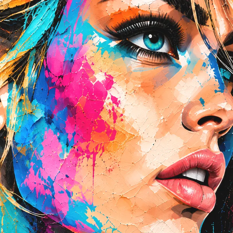 Gros plan portrait féminin Electric Gaze – œil turquoise et peinture colorée