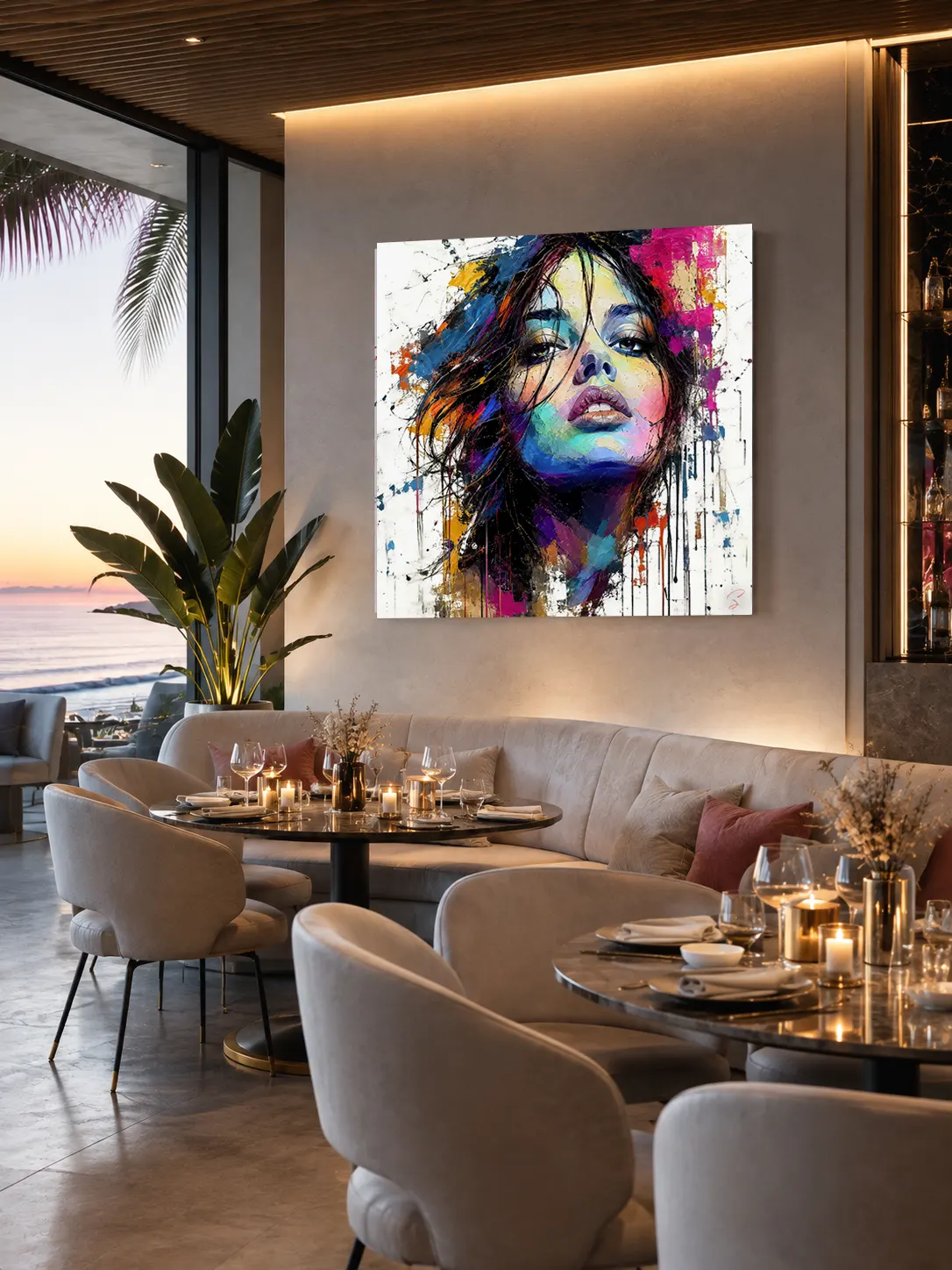 Tableau moto Twin Roads 66 exposé dans un bar lounge contemporain