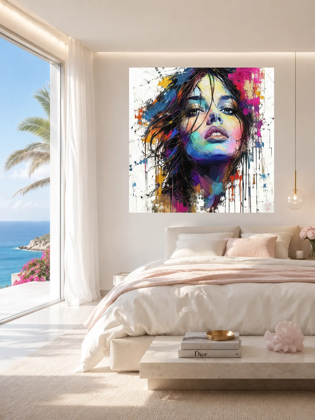 Tableau Évasion portrait féminin Pop Art LVIP dans chambre minimaliste lumineuse avec vue mer