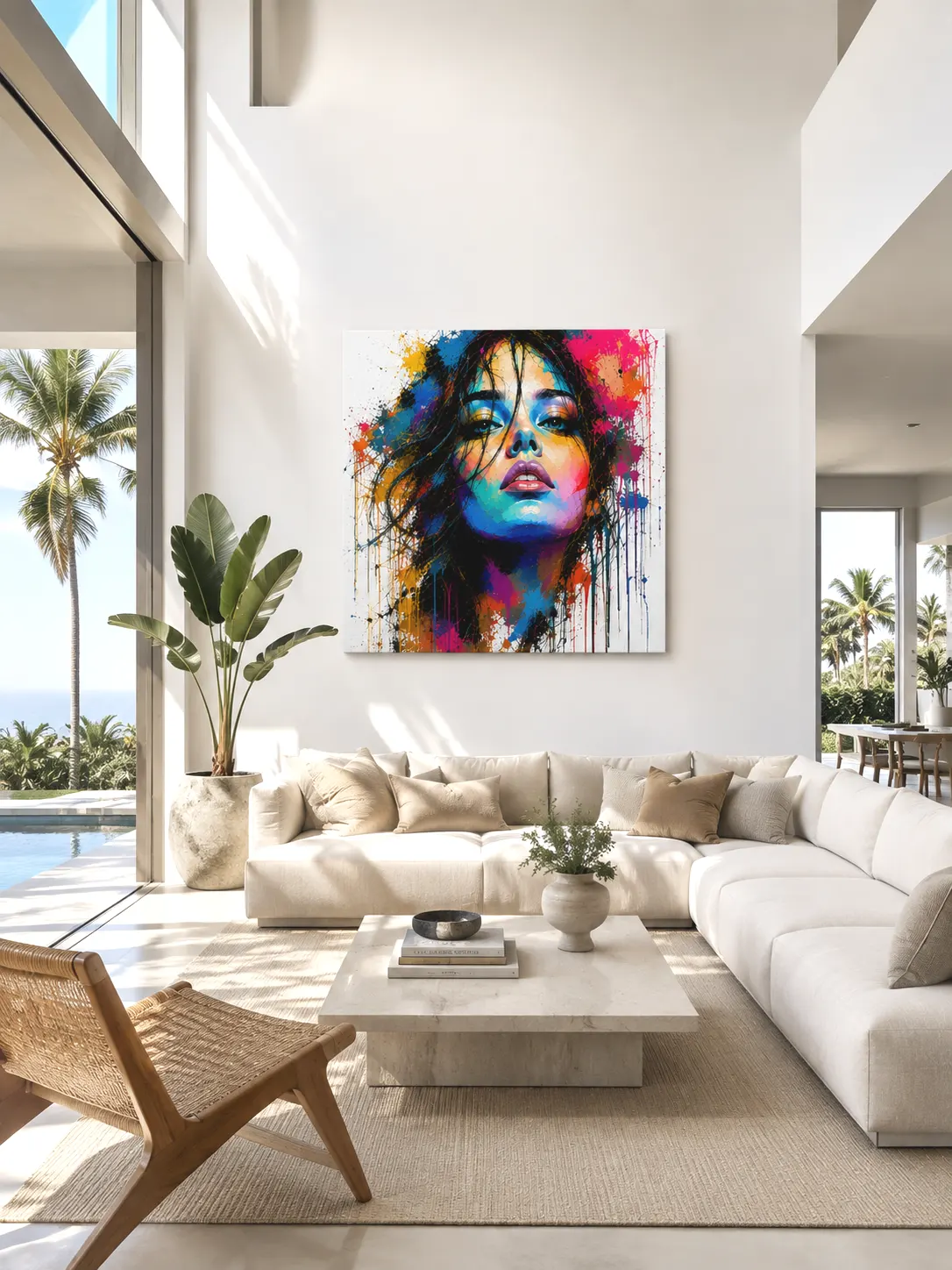 Tableau Évasion portrait féminin Pop Art coloré LVIP dans salon lumineux de villa californienne