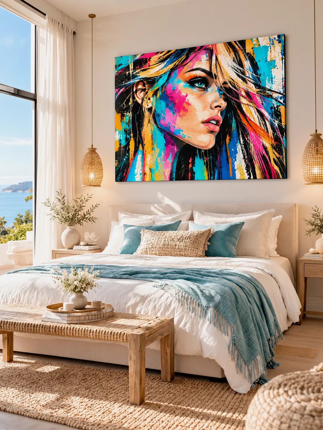 Portrait féminin coloré Electric Gaze dans une chambre contemporaine claire