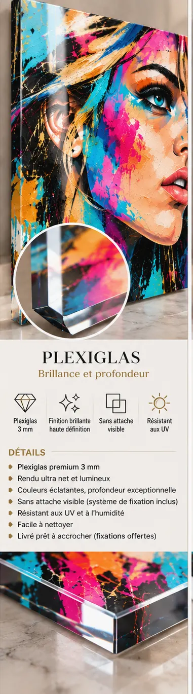 Electric Gaze – portrait femme Pop Art sur Plexiglas 3 mm finition brillante