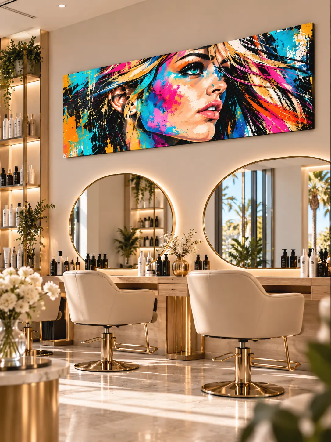 Tableau femme coloré Electric Gaze dans un salon de coiffure design