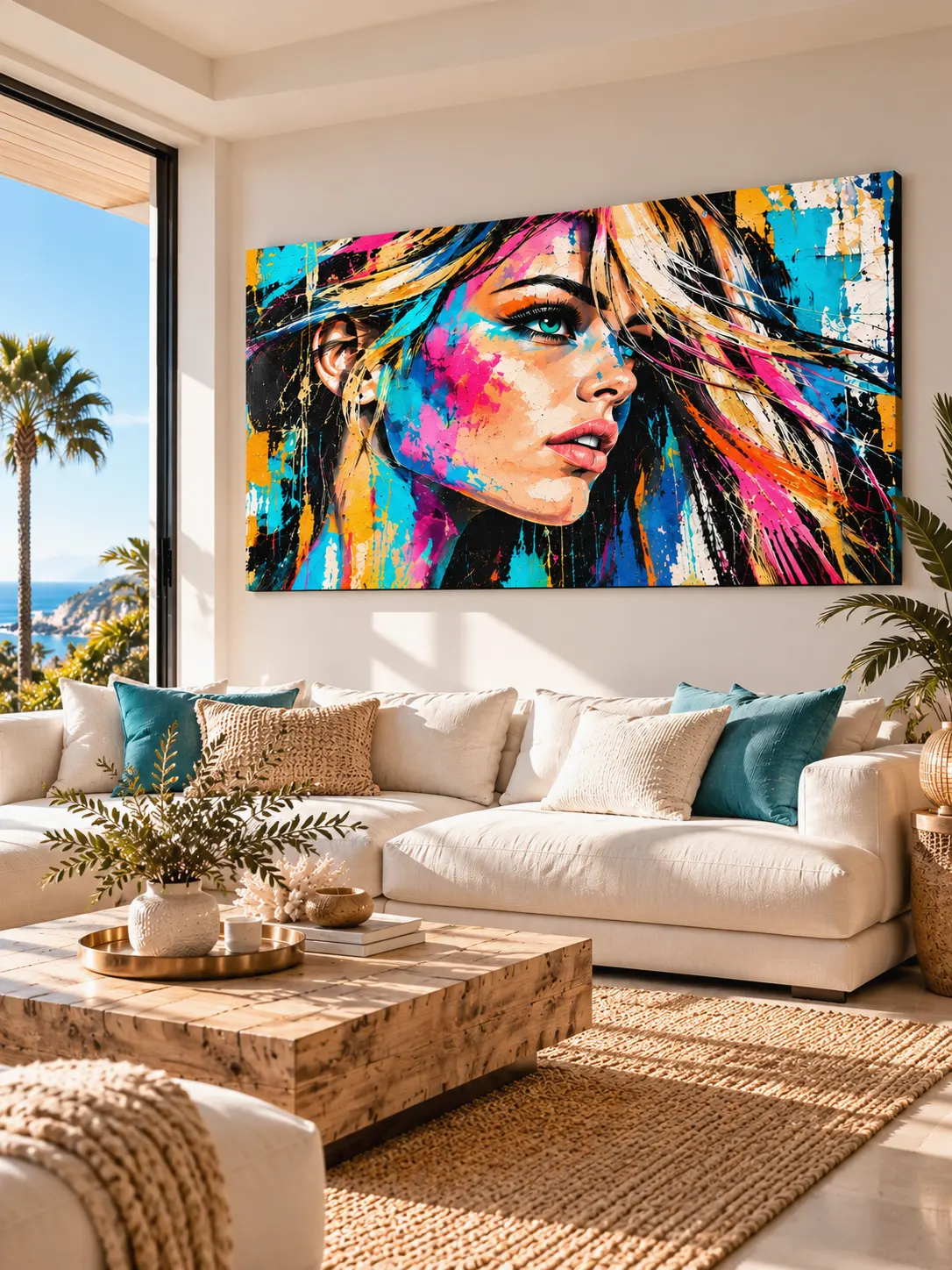 Tableau femme Pop Art Electric Gaze dans un salon californien lumineux