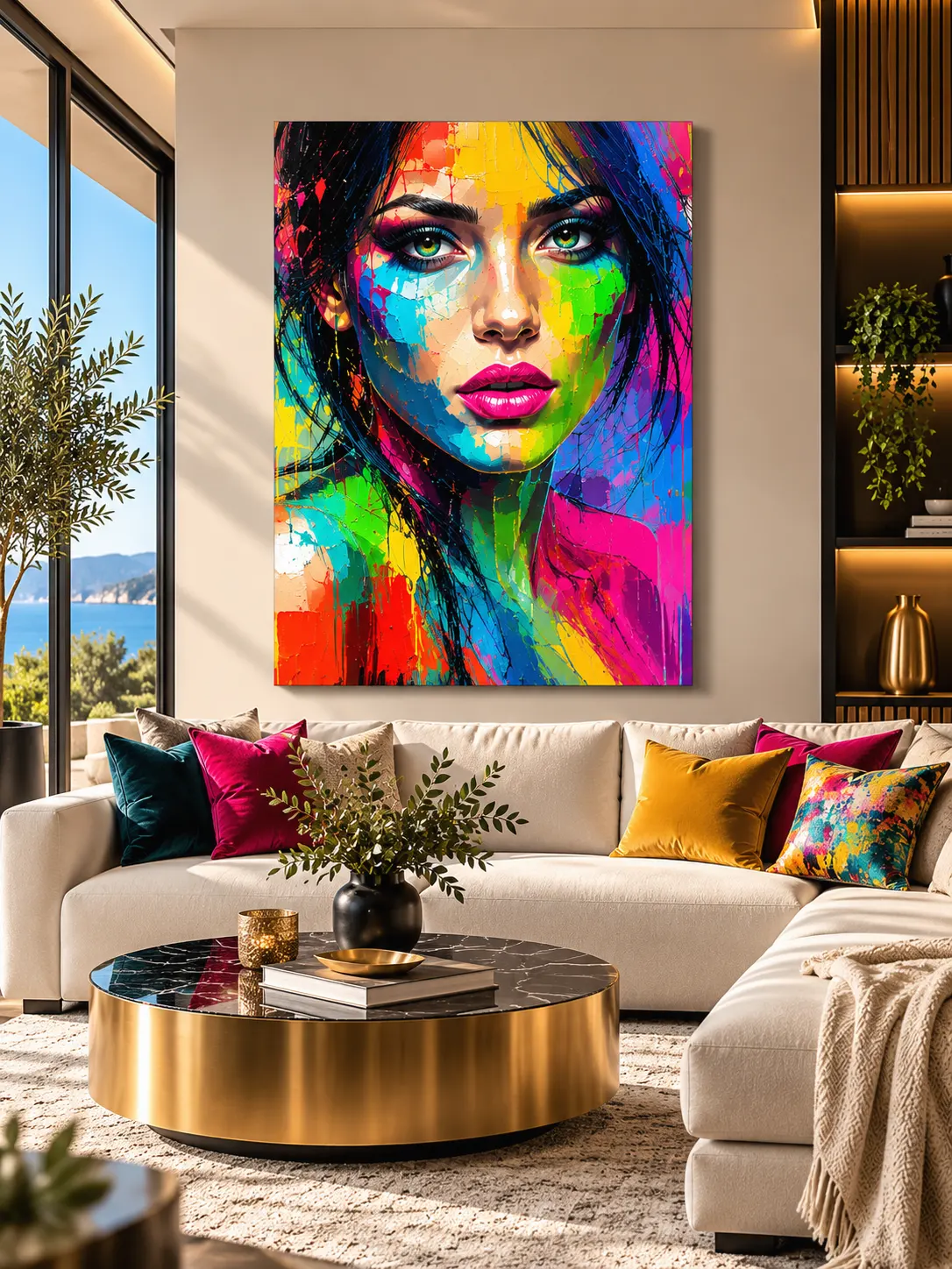 Tableau femme coloré Kira dans un salon contemporain