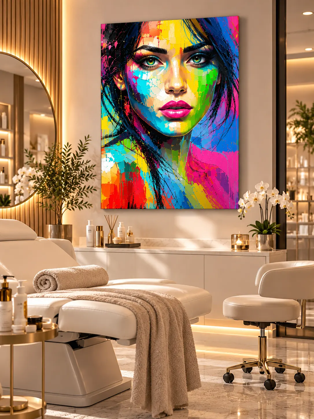 Tableau femme coloré Kira dans un salon d’esthétique contemporain