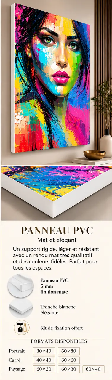 Kira – tableau Pop Art femme sur panneau PVC 5 mm finition mate tranche blanche