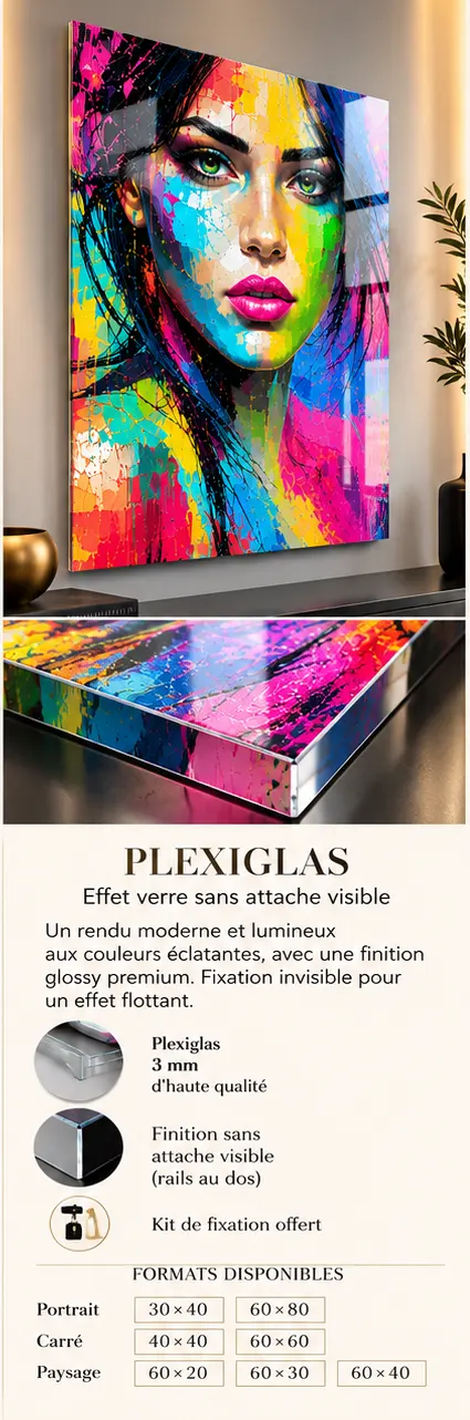 Kira – portrait femme coloré sur Plexiglas 3 mm finition brillante
