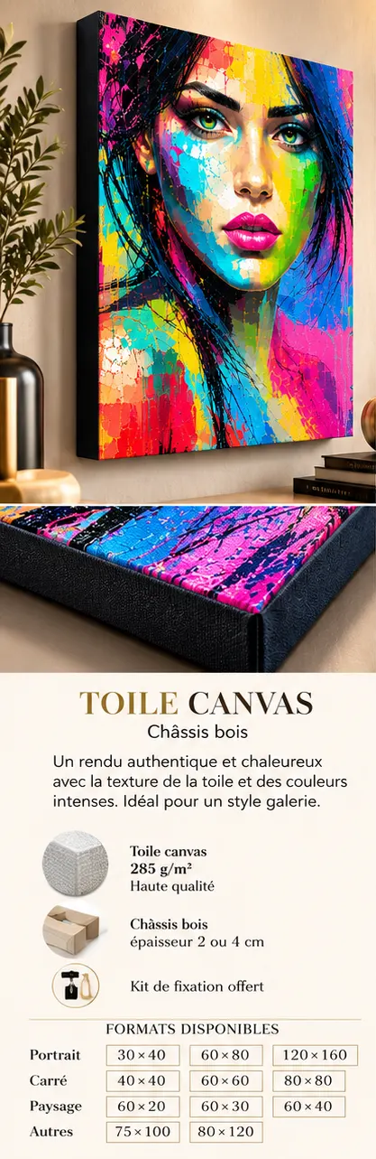 Kira – tableau femme coloré sur Toile Canvas 285 g/m² tranche noire