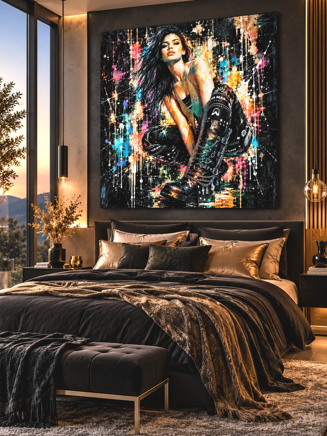 Tableau Urban Rebel dans une chambre design noir et or