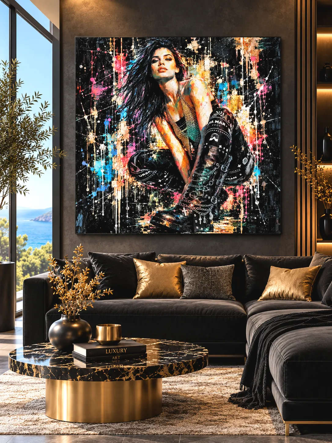 Tableau femme Street Art Urban Rebel dans un salon contemporain