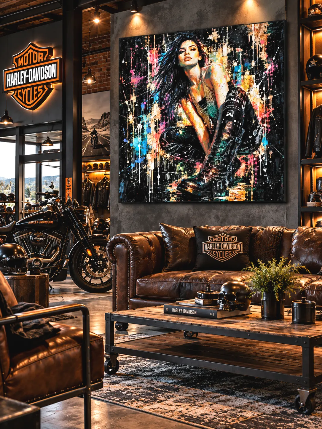 Tableau femme Street Art Urban Rebel dans un showroom moto style industriel
