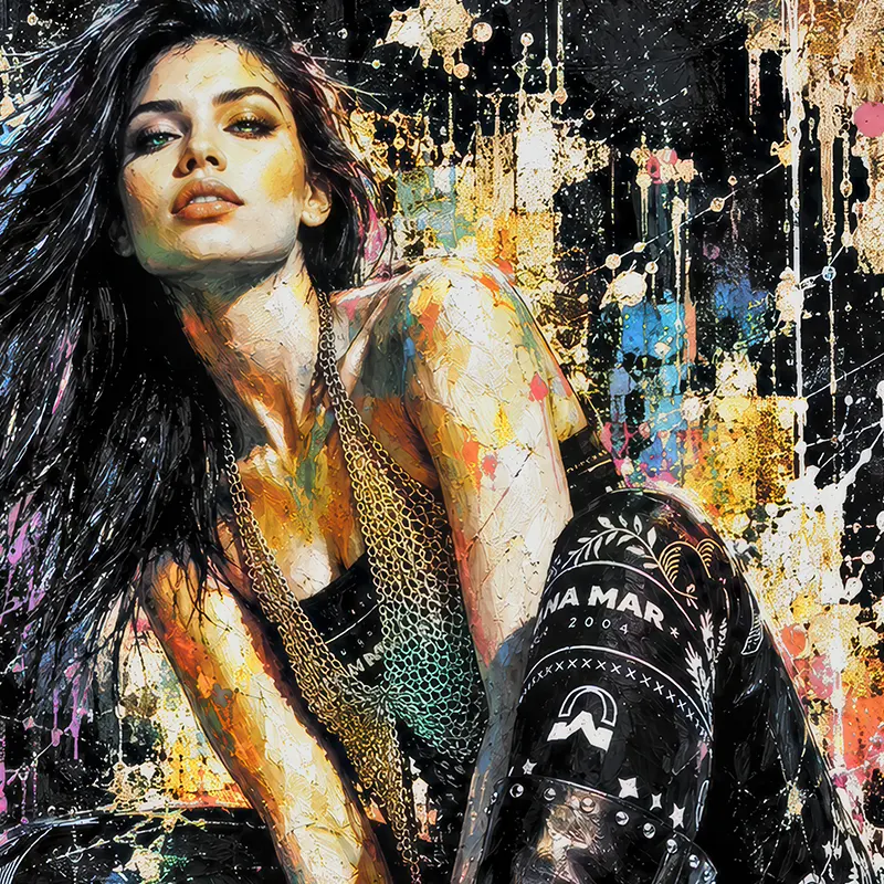 Gros plan du tableau femme Street Art Urban Rebel et détails de matière