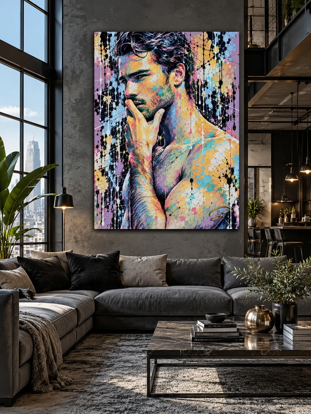 Tableau homme Inner Chaos dans un salon loft contemporain gris