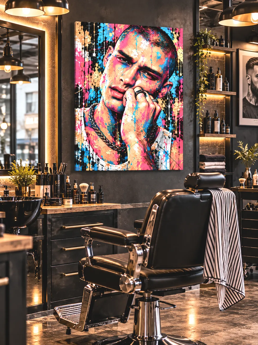 Tableau homme coloré No Limit dans un salon de barbier contemporain