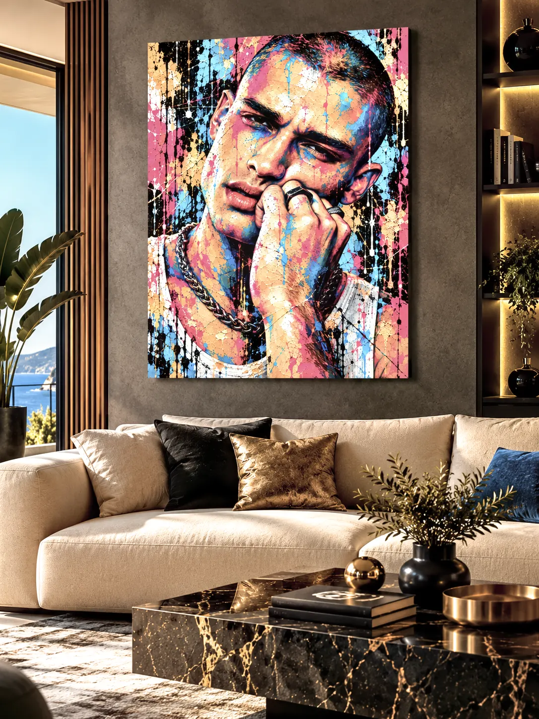 Tableau homme Street Art No Limit dans un salon contemporain