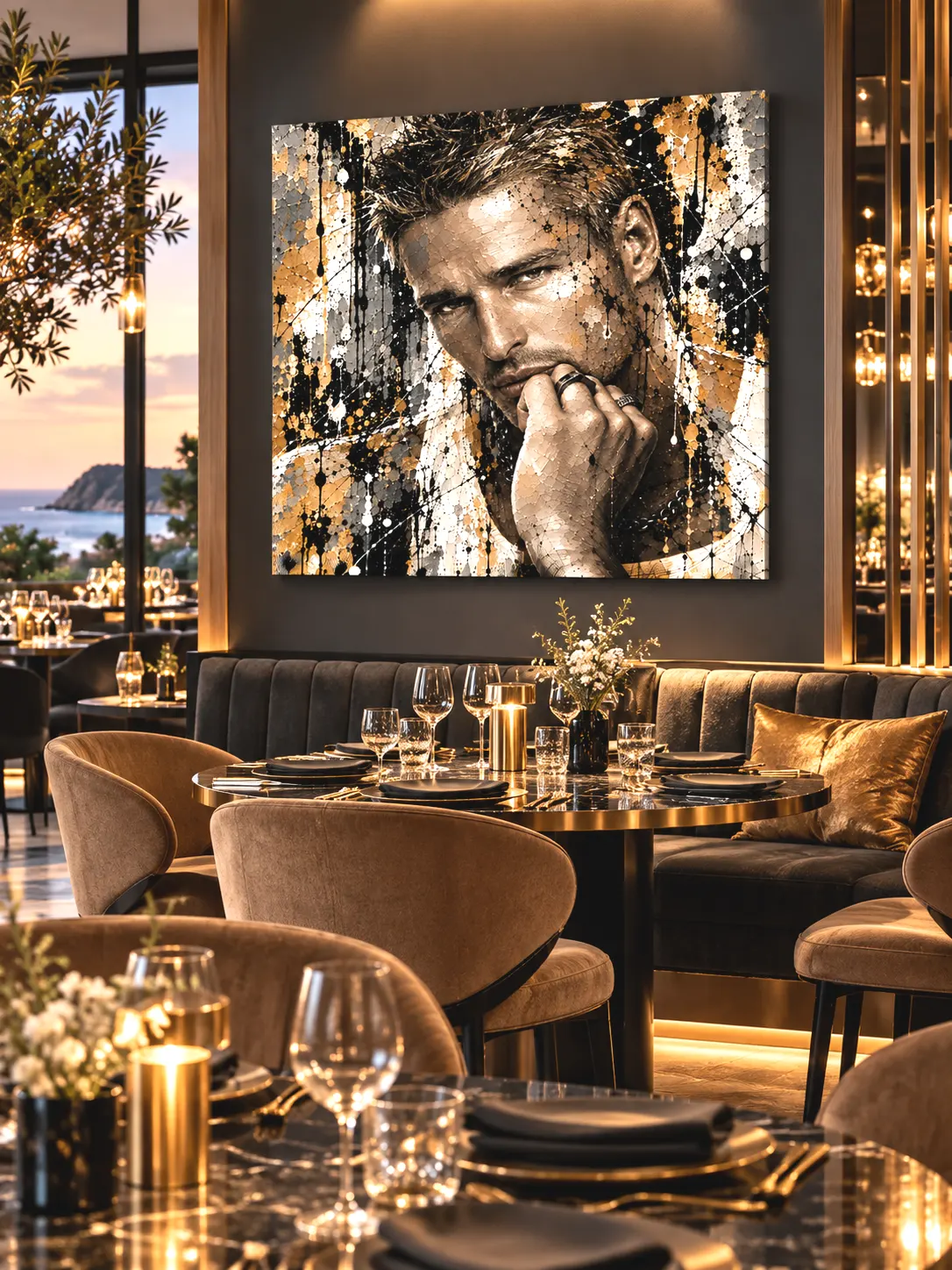 Tableau homme noir et or Rebel Mind dans un restaurant élégant