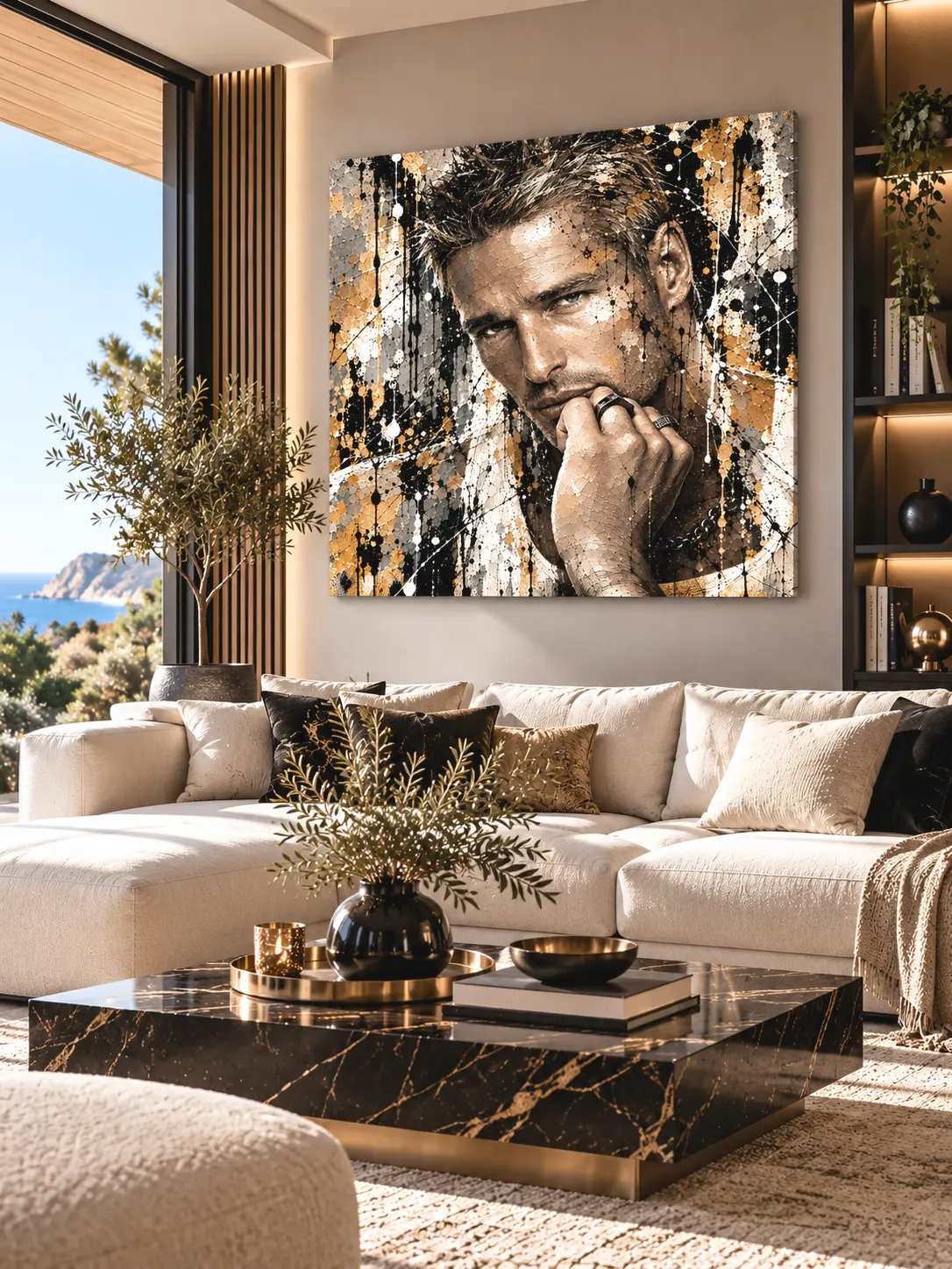 Tableau homme Rebel Mind dans un salon contemporain noir et or