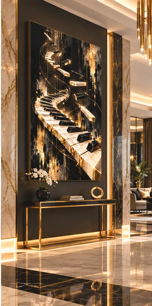 Tableau Golden Rhapsody dans un hall de réception luxueux noir et doré