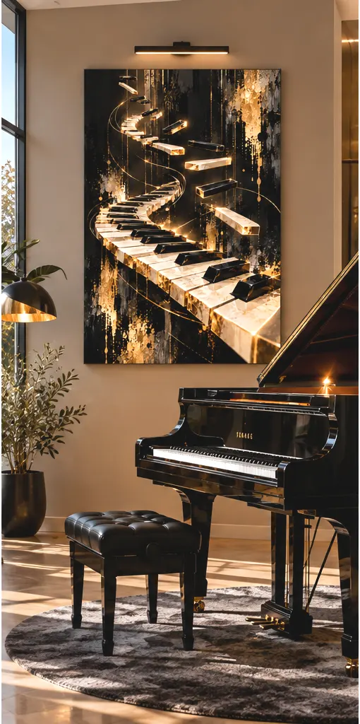 Tableau piano abstrait Golden Rhapsody dans une salle de musique avec piano à queue