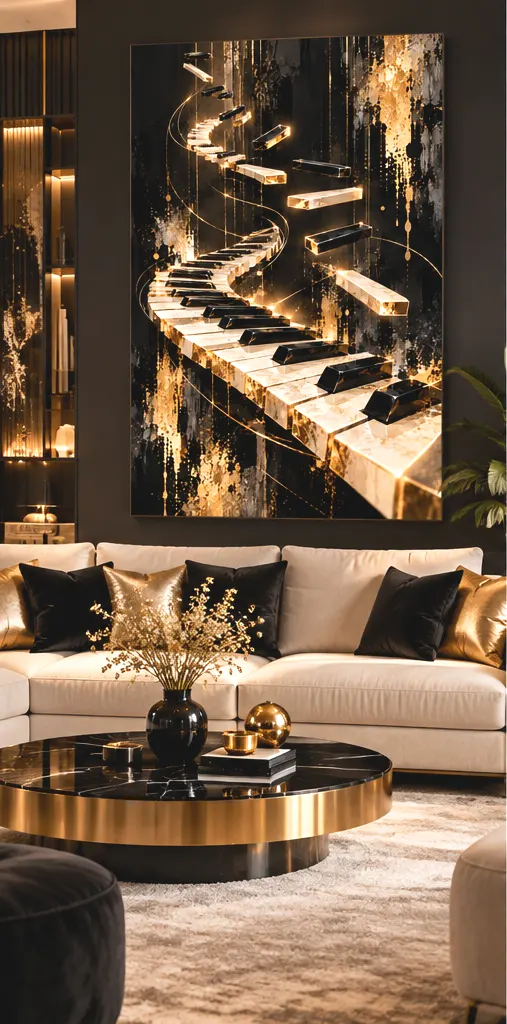 Tableau Golden Rhapsody dans un salon design contemporain noir et or