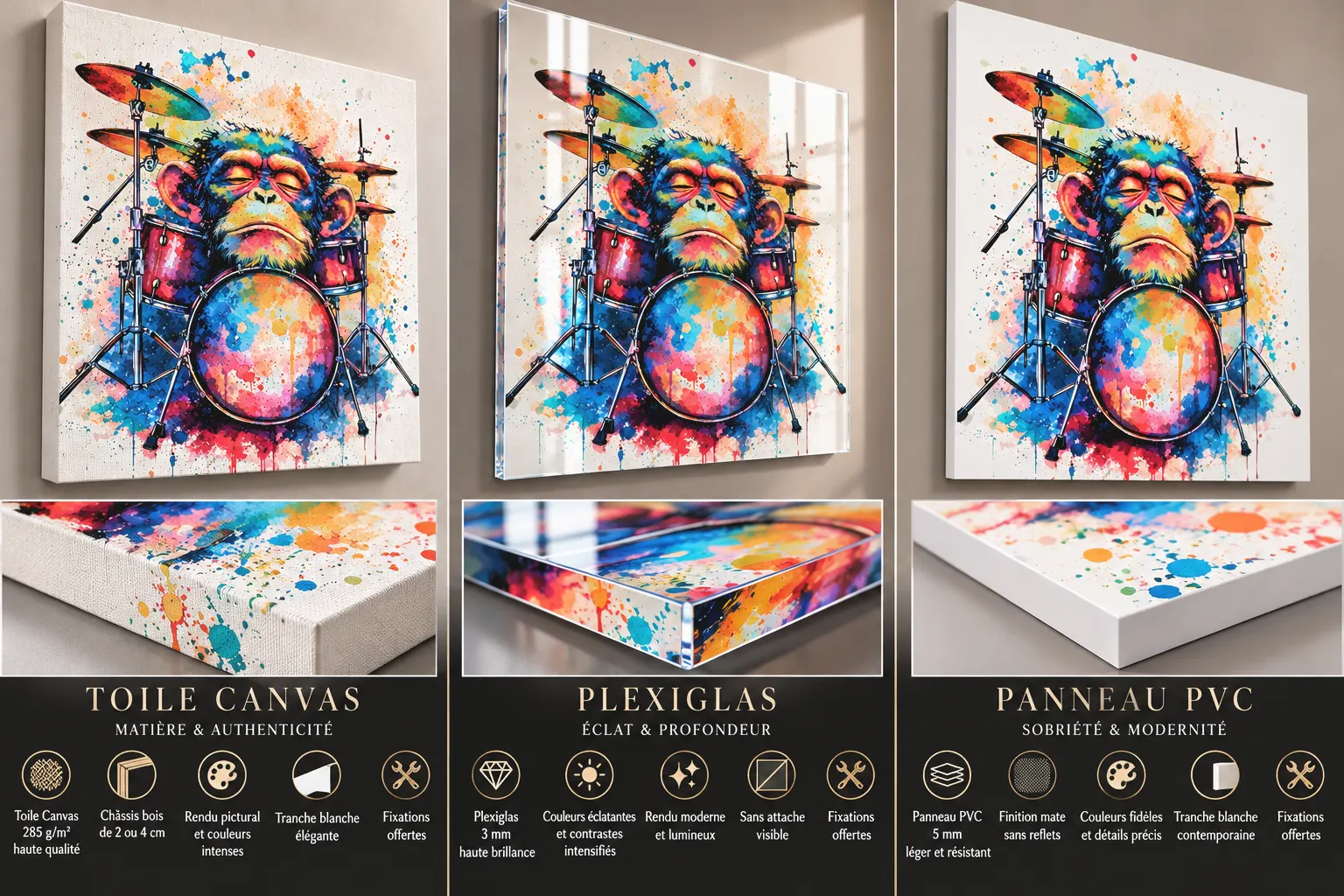 Comparaison Drum Monkey sur Toile Canvas, Plexiglas et panneau PVC