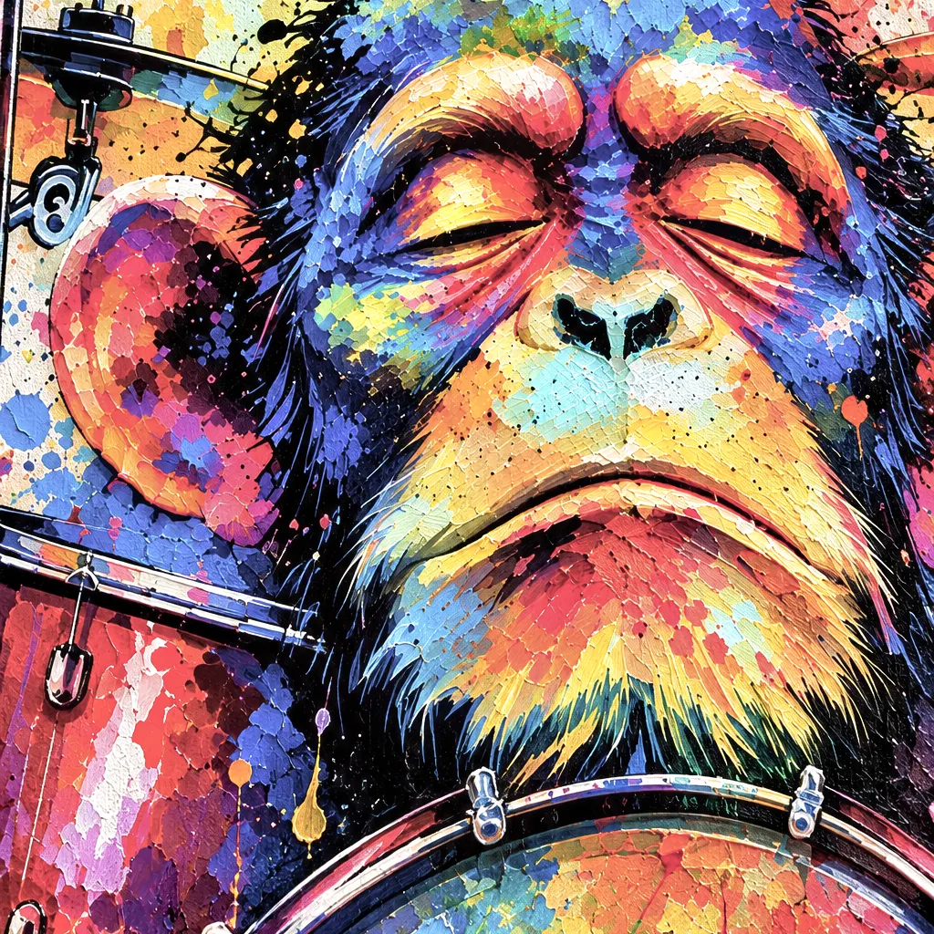 Gros plan du visage du singe batteur Drum Monkey et des détails picturaux colorés