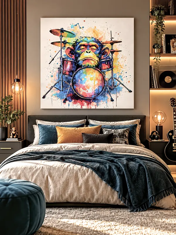 Tableau singe batteur Drum Monkey dans une chambre moderne