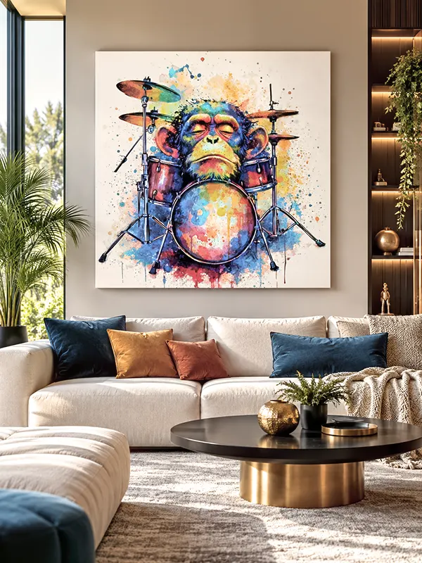 Tableau Drum Monkey dans un salon design contemporain