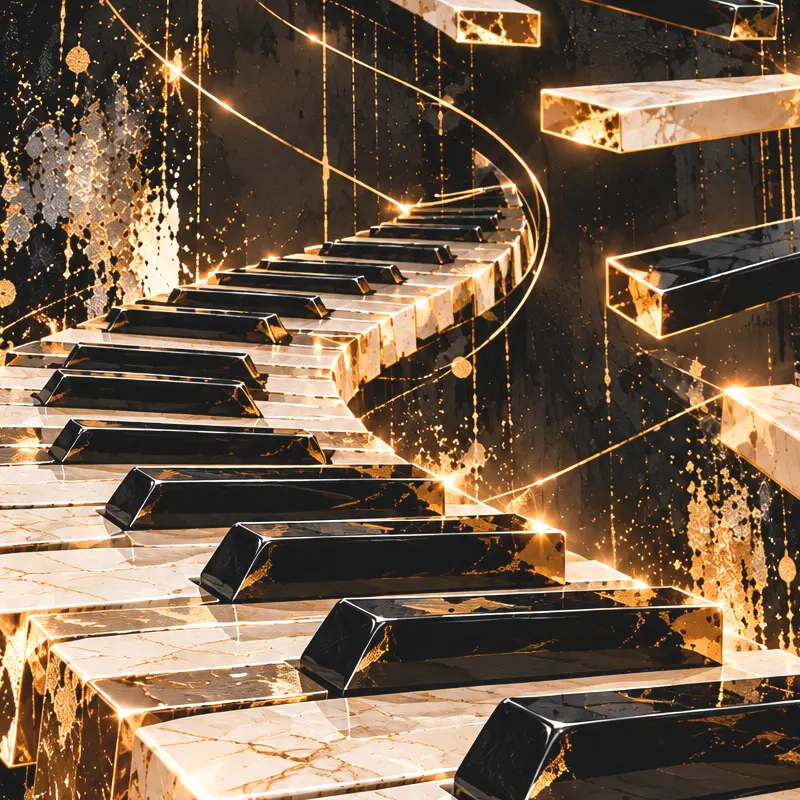 Gros plan du clavier de piano en spirale noir et or du tableau Golden Rhapsody