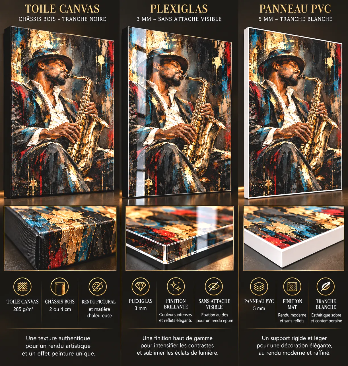 Comparaison des trois supports Midnight Soul : toile Canvas à tranche noire, Plexiglas brillant et panneau PVC mat à tranche blanche