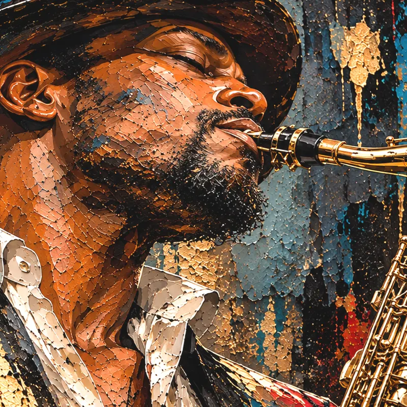 Gros plan artistique du saxophoniste Midnight Soul, visage expressif, saxophone doré et effets picturaux noir, bleu et or