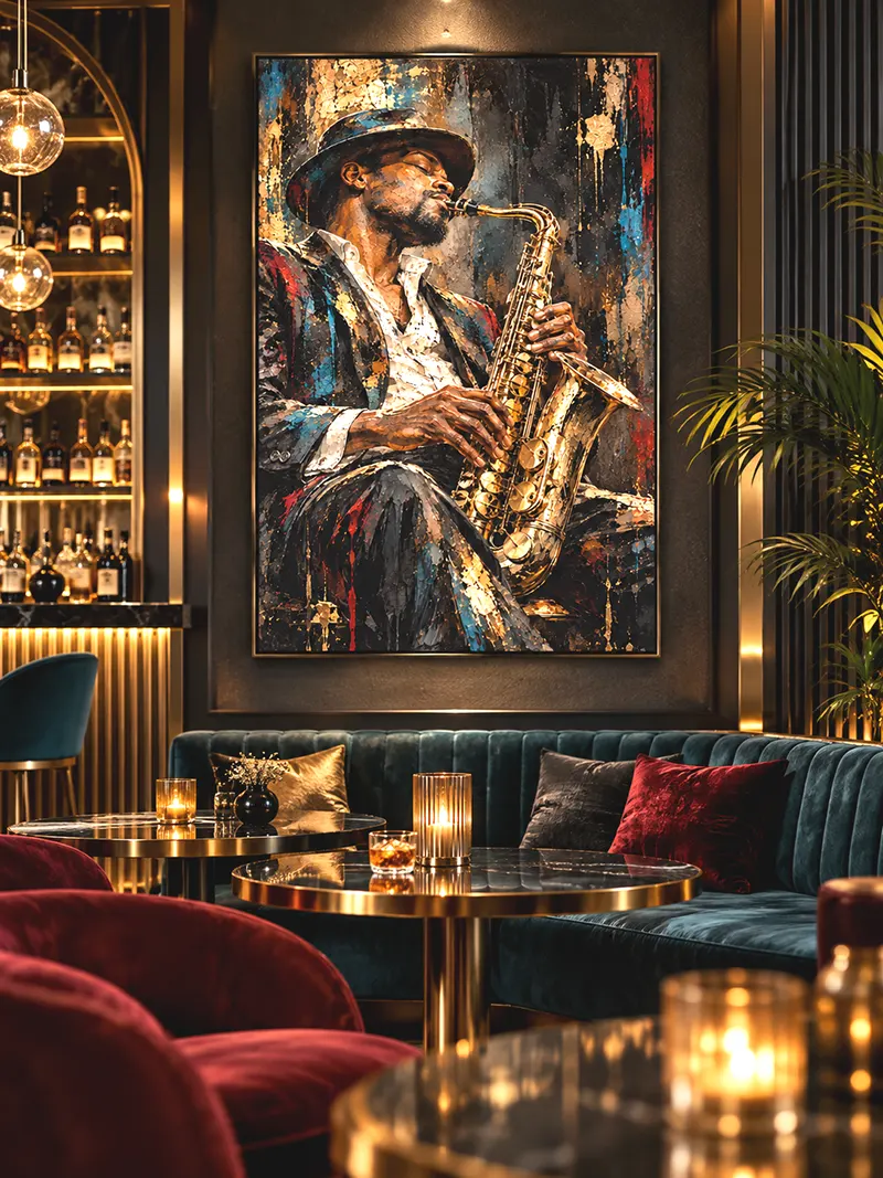 Tableau saxophoniste jazz Midnight Soul dans un bar lounge élégant aux fauteuils en velours et éclairages dorés
