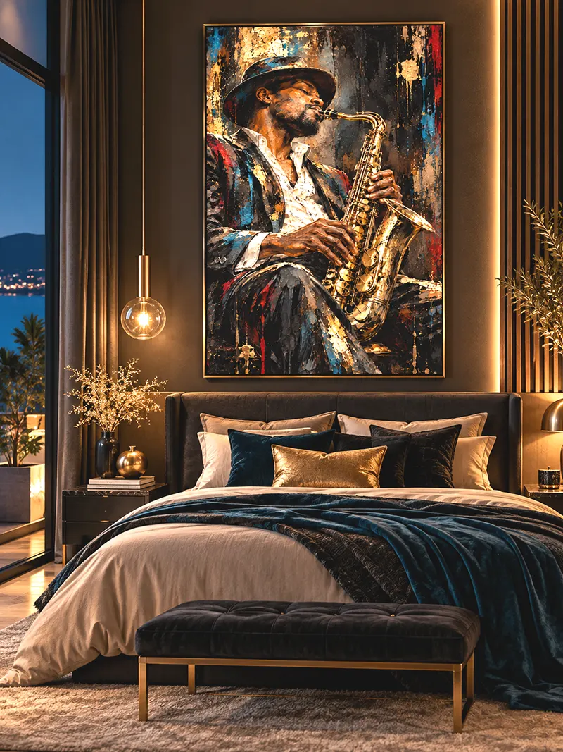 Tableau jazz noir et or Midnight Soul au-dessus du lit dans une chambre contemporaine aux tons sombres et dorés