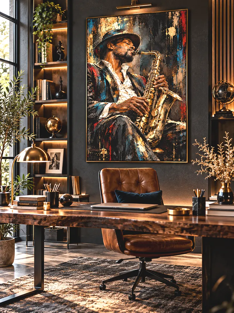 Tableau saxophoniste Midnight Soul dans un bureau artistique avec mobilier en bois, fauteuil en cuir et décoration raffinée