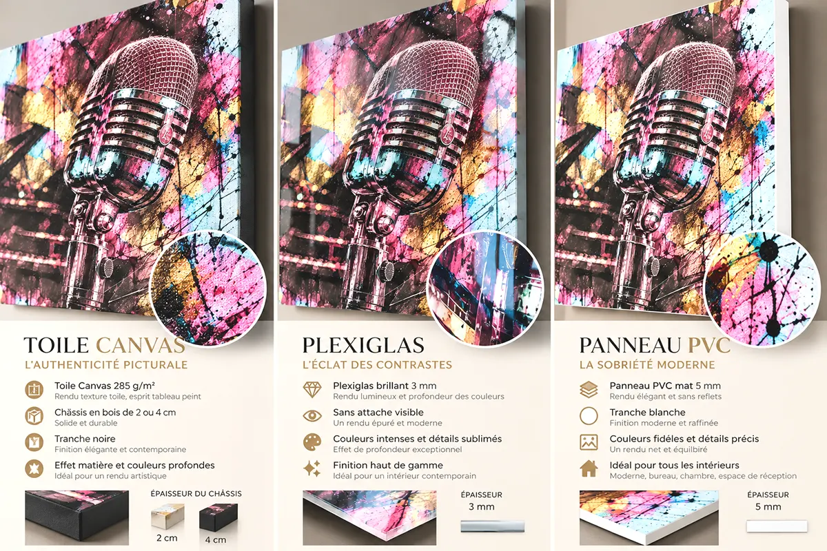 Comparaison des supports Vintage Frequency : toile Canvas à tranche noire, Plexiglas brillant et panneau PVC mat à tranche blanche