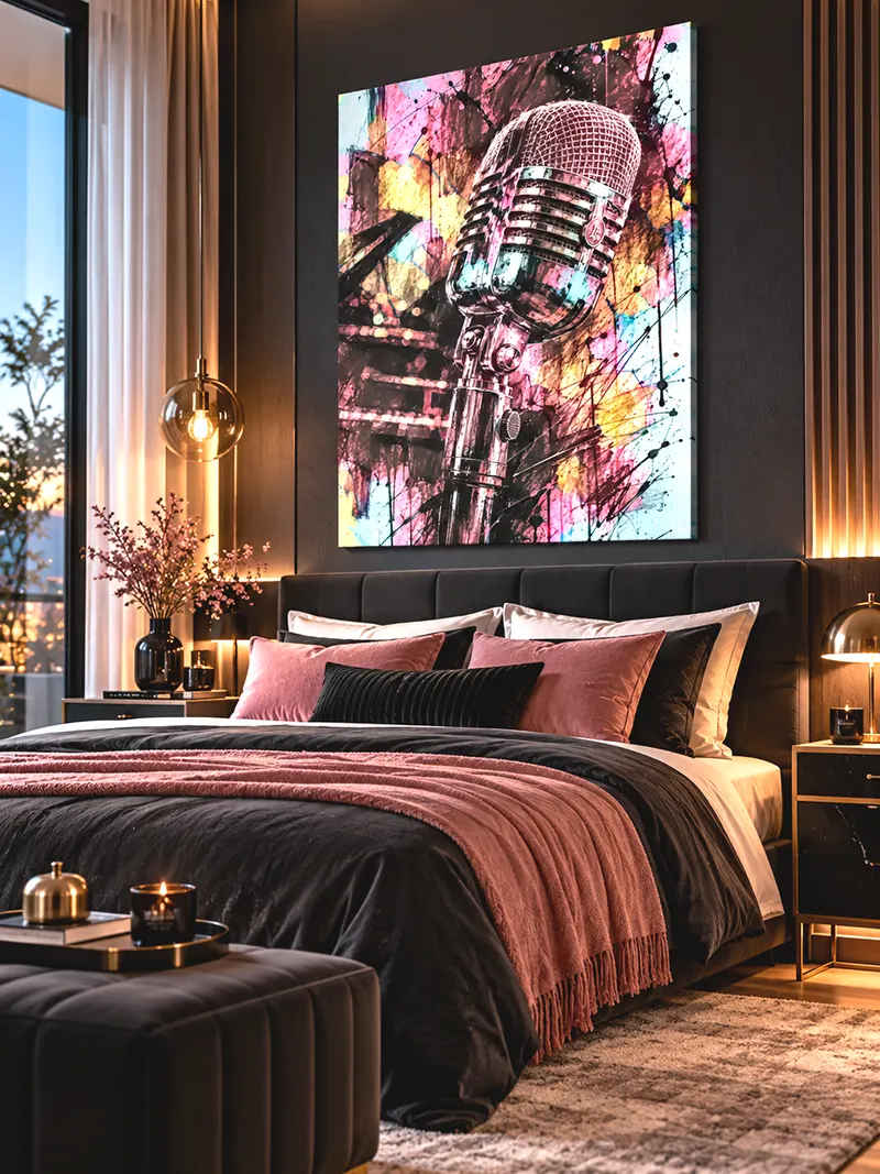 Tableau Vintage Frequency au-dessus du lit dans une chambre élégante aux tons noirs, roses et dorés