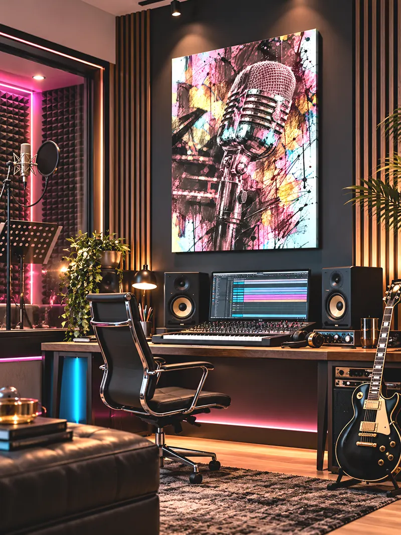 Tableau Pop Art microphone rétro exposé dans un studio d'enregistrement avec console de mixage et éclairage rose