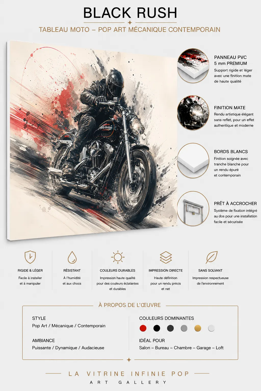 Black Rush tableau moto sur panneau PVC 5 mm premium – finition mate LVIP