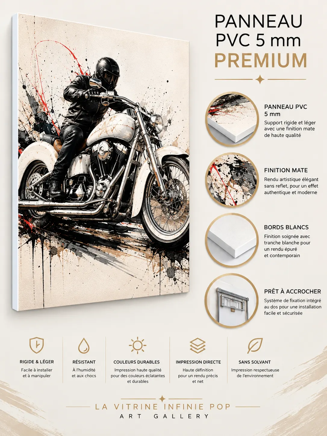 Chrome Rider sur panneau PVC premium 5 mm finition mate tranche blanche