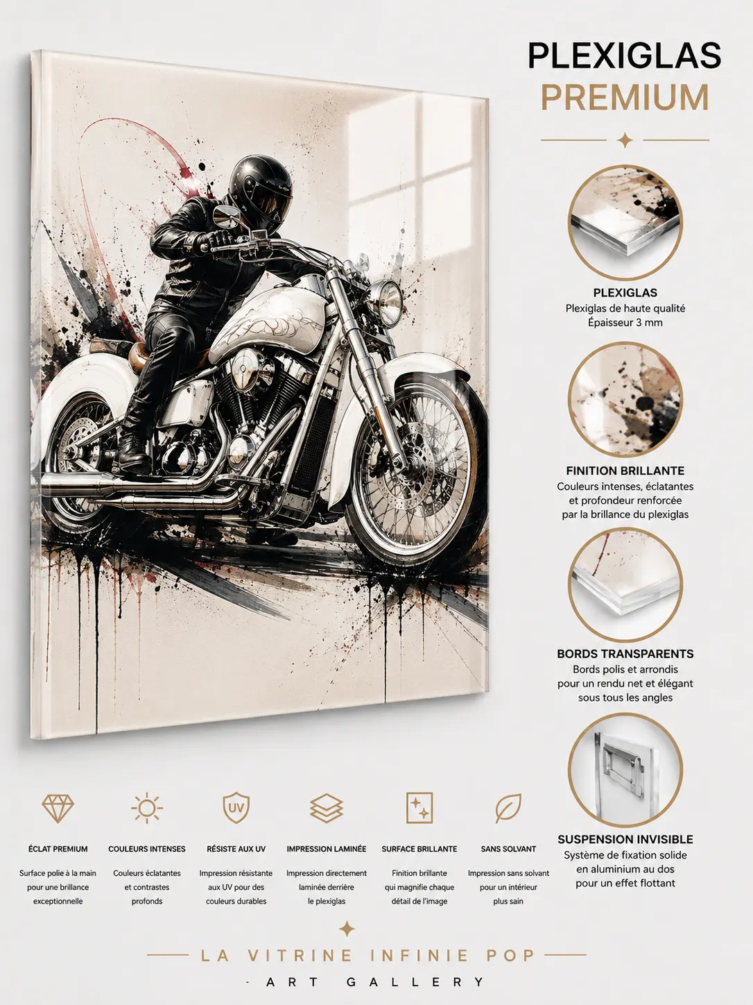 Chrome Rider sur plexiglas premium 3 mm finition brillante sans attache visible